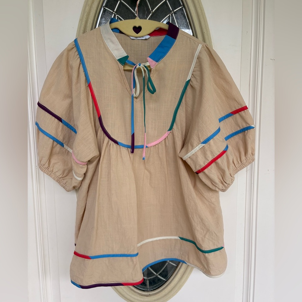 Colorful Trim Beige Blouse